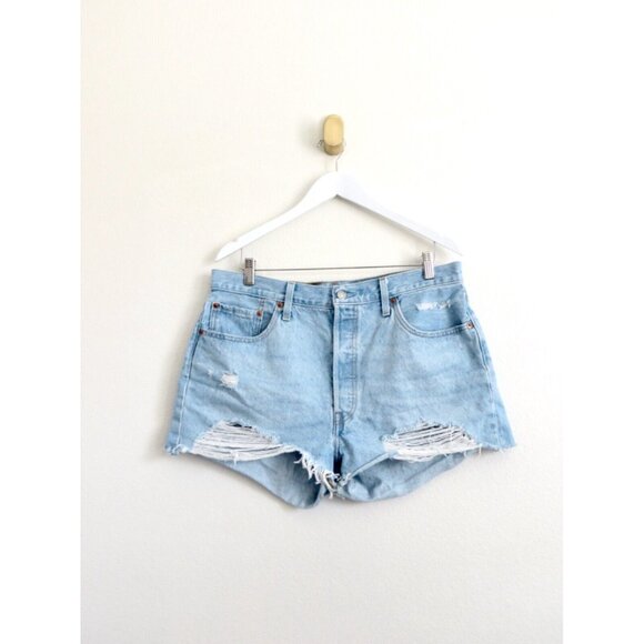 NEW! Levi's 501 Denim Jean Shorts Distressed Button Fly Cutoff Blue SZ 34 - Picture 3 of 8